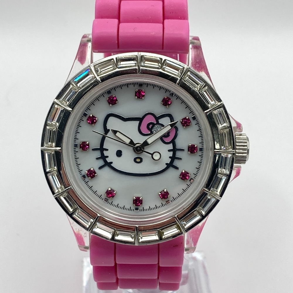 Sanrio Hello Kitty Womens Watch 40mm Silver Tone Crystals Bling Pink New Battery
